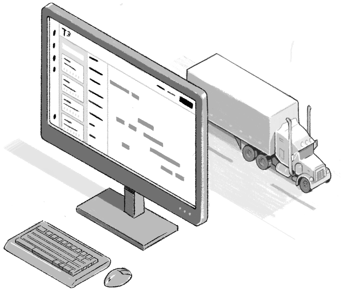A desktop monitor next to a small scale semi trick
